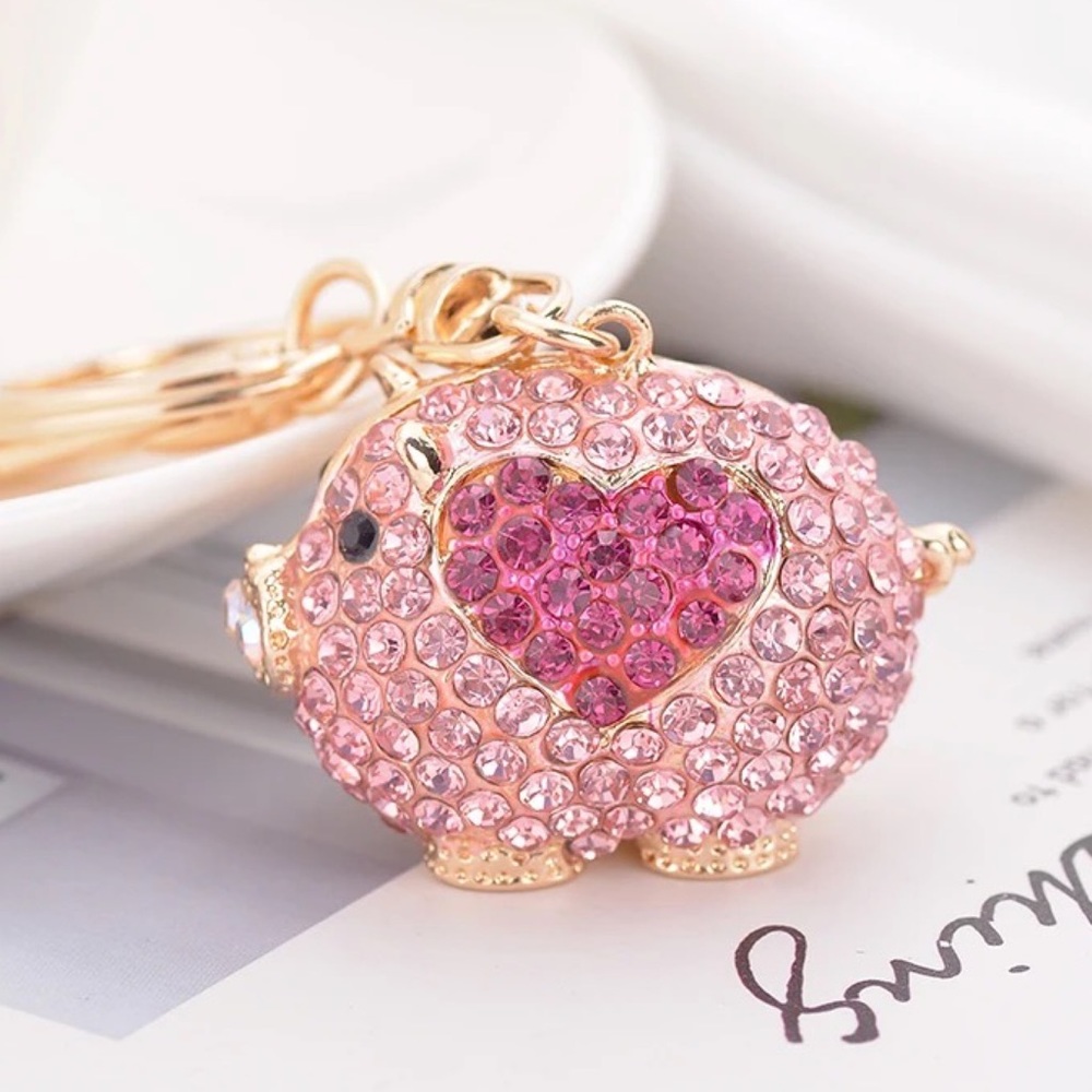 Pink Crystal Pig with Hot Pink Heart Keychain Charm
